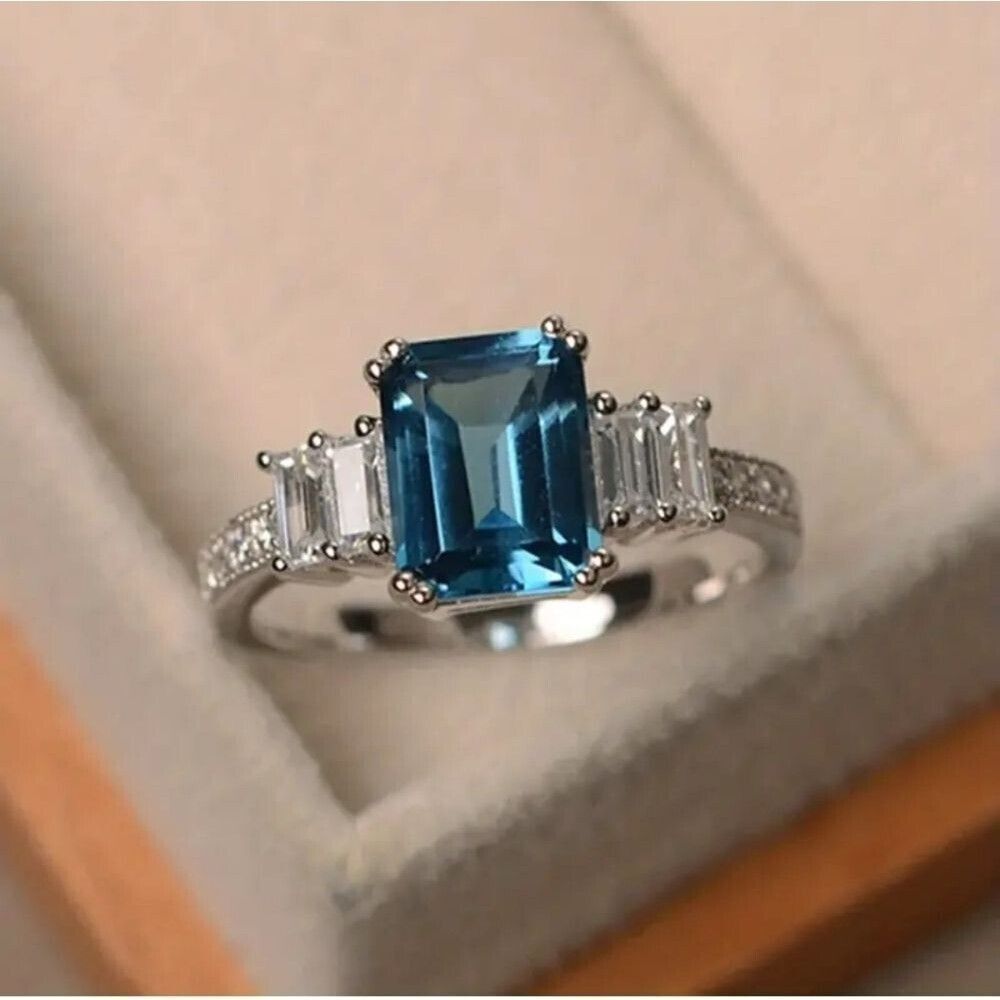 Silver plated Blue crystal emerald cut ring size 9